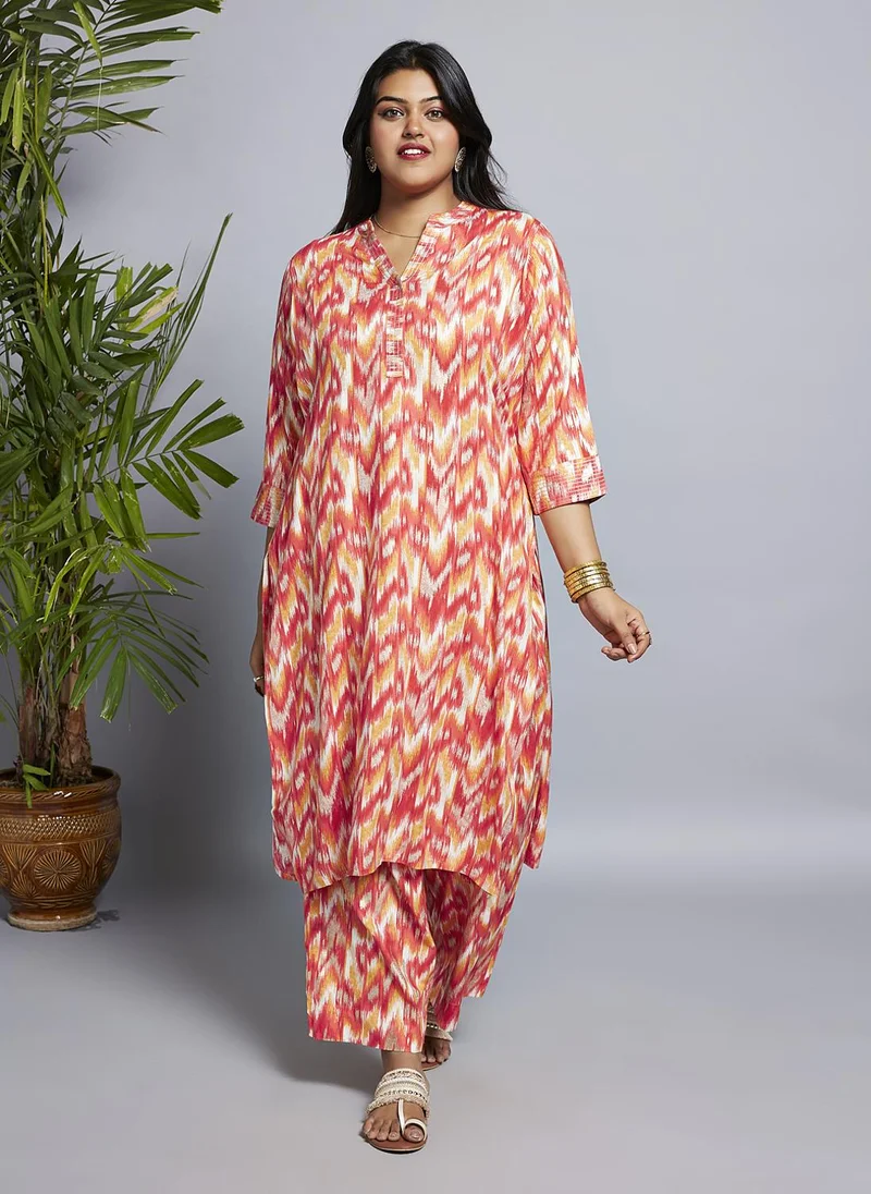 globus Globus Gloplus Women Mandarin Neck Chevron Print Zari Straight Plus Size Kurta & Pants Set